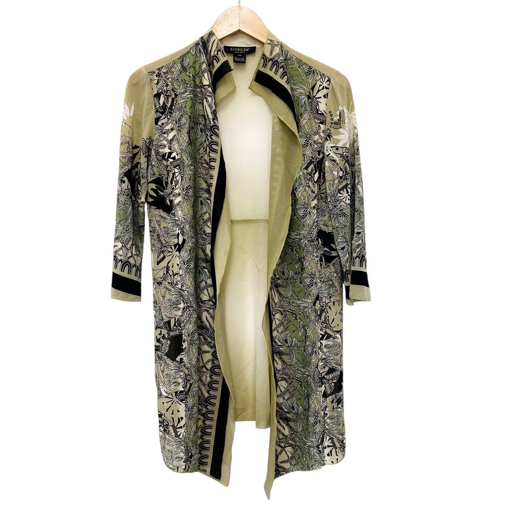 Citron Santa Monica Green Printer Silk Open Front Cardigan Sz XS